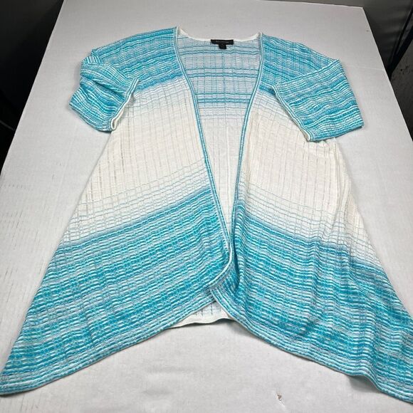 St John Wool Blend Long Cardigan Blue Ivory 3/4 Sleeve Open Front Sweater SMALL - Picture 2 of 11
